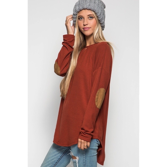 Tops - Lace up Back Knit Top With Suede Elbow Patch Rust